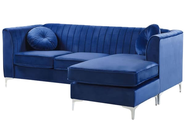 Hjørnesofa i Blå Fløyel med Puter 3 Personer Venstrevendt Glamour