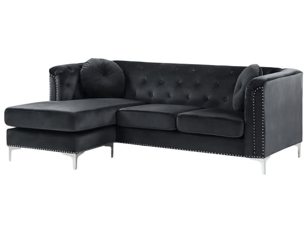 Hjørnesofa Svart Fløyel Polstret 3-seters Høyre L-formet Glamour Ekstra puter med tufting og spikerhode