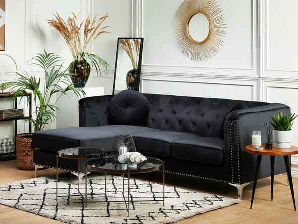 Hjørnesofa Svart Fløyel Polstret 3-seters Høyre L-formet Glamour Ekstra puter med tufting og spikerhode