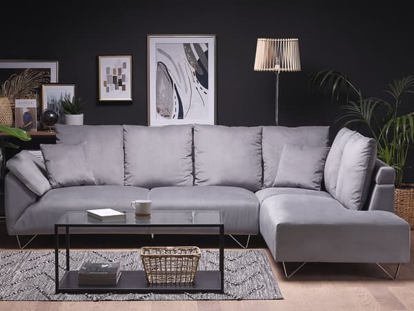 Hjørnesofa Grå Kordfløyel Stoffputer Metall Svart Ben Retro Design Pute Ryggstøtte