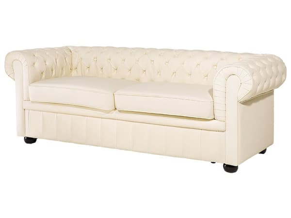 Chesterfield Sofa Beige Ekte Skinn 3-seter Bredt Tykt Polstret Knapptufted Kuskinn Venetiansk Barokkstil Stue Dekorasjon