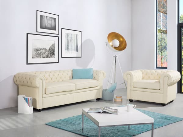 Chesterfield Sofa Beige Ekte Skinn 3-seter Bredt Tykt Polstret Knapptufted Kuskinn Venetiansk Barokkstil Stue Dekorasjon