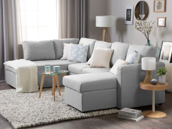 Hjørnesofa Lysegrått Stoff Moderne Stue U-formet 5-seter med Oppbevaring Sjeselonger