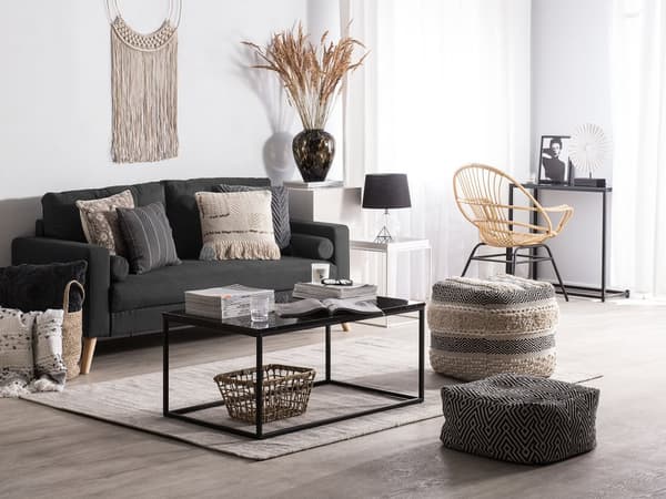 Stoffsofa Svart Stoffkledning 2-seters Knappepuffet Sofa med 2 Puffer