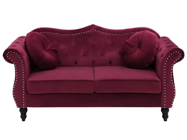 2-seters sofa Rød Fløyel Dekorative knapper og spikerhoder Pynteputer Klassisk Vintage Stue