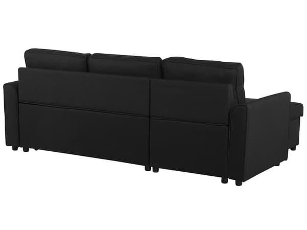 Hjørnesovesofa i svart stoff med venstrevendt polstring og oppbevaringsseng