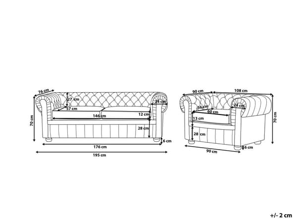 Chesterfield Stuesett Brunt Skinntrekk Mørkt Tre Ben 3-seters Sofa + Lenestol