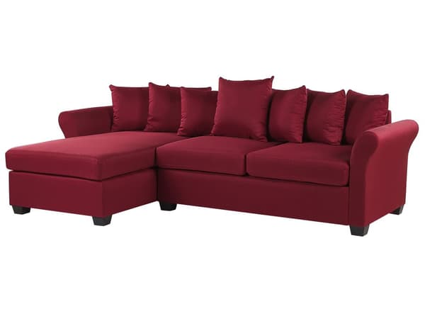 Hjørnesofa Mørkerød Polyesterstoff 3-seter Trekonstruksjon Svarte ben Sjeselong Puter med avtakbare trekk Minimalistisk stil Sofa Stue