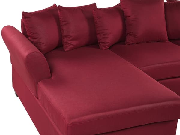 Hjørnesofa Mørkerød Polyesterstoff 3-seter Trekonstruksjon Svarte ben Sjeselong Puter med avtakbare trekk Minimalistisk stil Sofa Stue