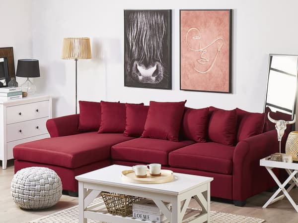 Hjørnesofa Mørkerød Polyesterstoff 3-seter Trekonstruksjon Svarte ben Sjeselong Puter med avtakbare trekk Minimalistisk stil Sofa Stue