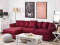 Miniatyrbilde 2 av 10: Hjørnesofa Mørkerød Polyesterstoff 3-seter Trekonstruksjon Svarte ben Sjeselong Puter med avtakbare trekk Minimalistisk stil Sofa Stue