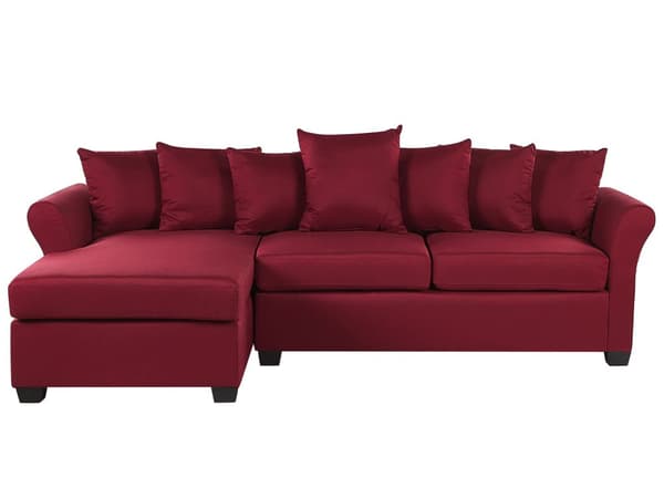 Hjørnesofa Mørkerød Polyesterstoff 3-seter Trekonstruksjon Svarte ben Sjeselong Puter med avtakbare trekk Minimalistisk stil Sofa Stue