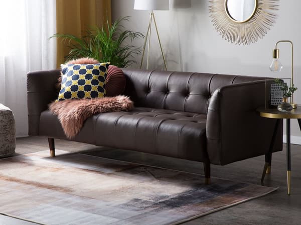 Sofa Brun Splittskinn 3-seters Knepet Trekk Gummitreben Retro Stil
