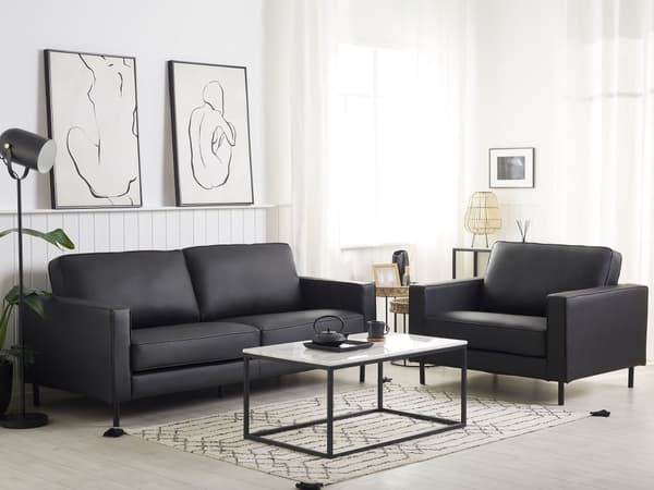 Sofasett Svart Skinn 3-seters Sofa Lenestol Minimalistisk Moderne