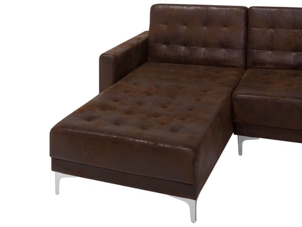 Hjørnesofa Brun Kunstskinn Tuftet Moderne L-formet Modulær 4-seter med fotskammel og sjeselong Høyrevendt