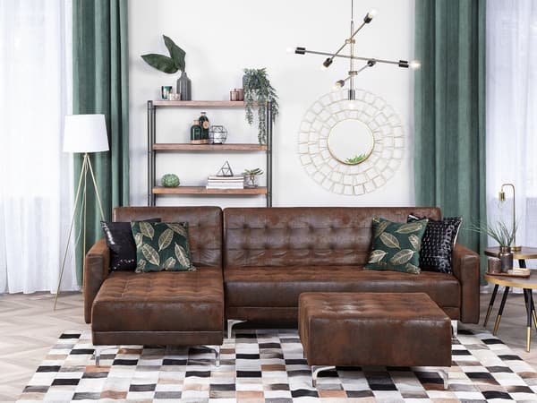 Hjørnesofa Brun Kunstskinn Tuftet Moderne L-formet Modulær 4-seter med fotskammel og sjeselong Høyrevendt