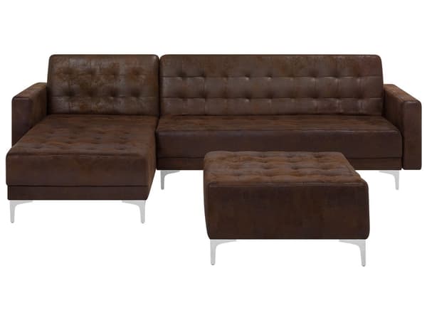 Hjørnesofa Brun Kunstskinn Tuftet Moderne L-formet Modulær 4-seter med fotskammel og sjeselong Høyrevendt