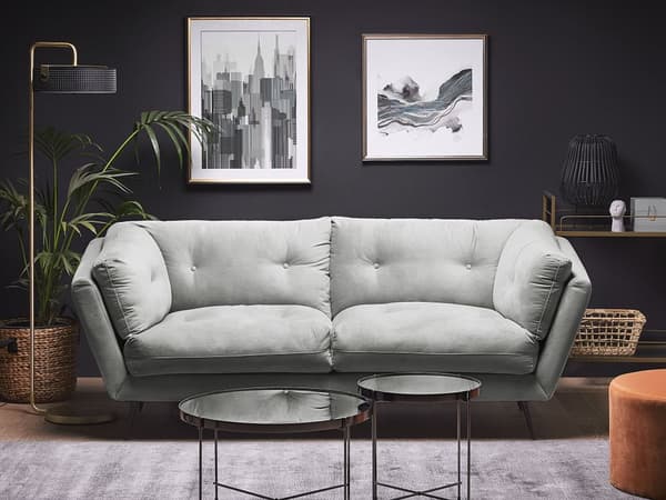 Sofa Grå Fløyel Metallben 210 x 90 cm med puter Retro