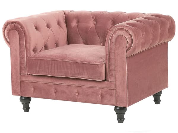 Chesterfield Stuesett Rosa Fløyel Svarte Ben 3-seters Sofa + Lenestol