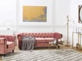 Miniatyrbilde 2 av 11: Chesterfield Stuesett Rosa Fløyel Svarte Ben 3-seters Sofa + Lenestol