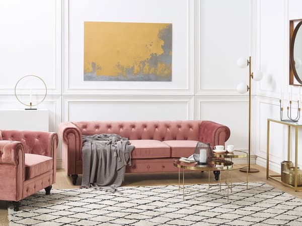 Chesterfield Stuesett Rosa Fløyel Svarte Ben 3-seters Sofa + Lenestol