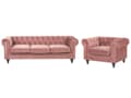 Miniatyrbilde 1 av 11: Chesterfield Stuesett Rosa Fløyel Svarte Ben 3-seters Sofa + Lenestol