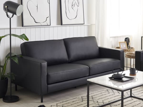 Sofa Svart Skinn med 3-seter Metallben Polstret Rygg Minimalistisk Moderne
