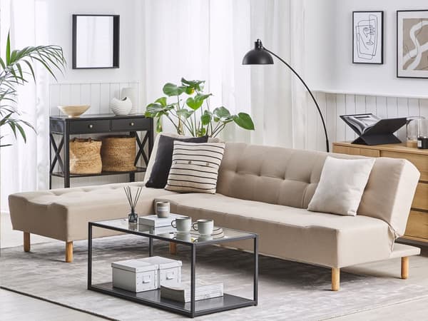 Hjørnesofa Beige stoff møbeltrekk Lyse treben Høyrehånds sjeselong 4-seters