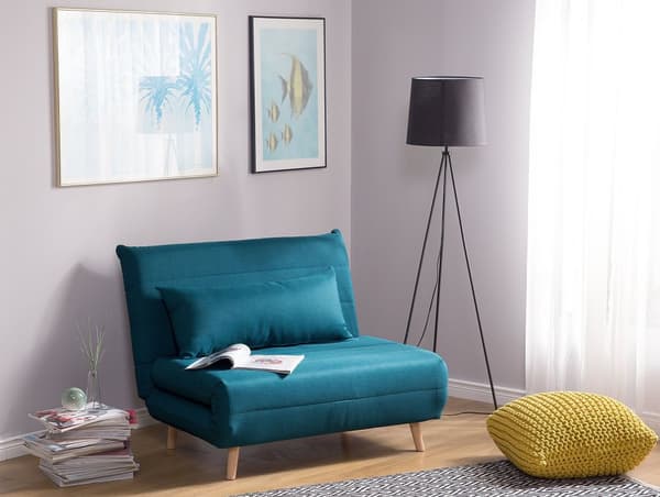 Sovesofa Sjøblå Polyesterstoff 1-seter Ben i tre Sammenleggbar Uten armlener Ekstra pute Moderne design Skandinavisk stil Gjesteseng
