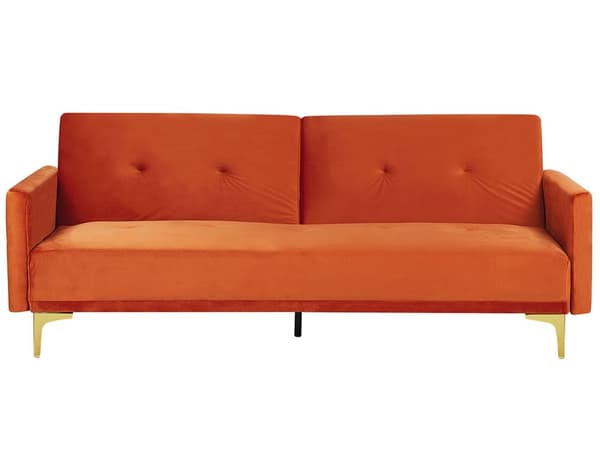 Sovesofa Oransje Fløyel 3-seter Metallben Dekorative knapper Avtakbare putetrekk Justerbar ryggstøtte Sofa med sovefunksjon Moderne design