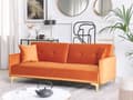 Miniatyrbilde 2 av 11: Sovesofa Oransje Fløyel 3-seter Metallben Dekorative knapper Avtakbare putetrekk Justerbar ryggstøtte Sofa med sovefunksjon Moderne design
