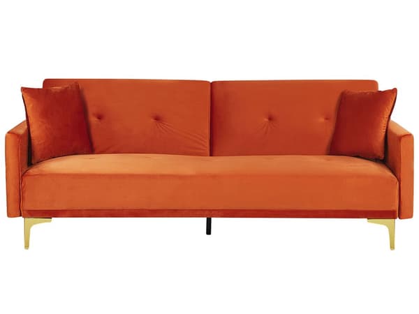 Sovesofa Oransje Fløyel 3-seter Metallben Dekorative knapper Avtakbare putetrekk Justerbar ryggstøtte Sofa med sovefunksjon Moderne design