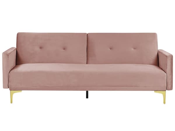 Sovesofa Rosa Fløyel 3-seter Metallben Dekorative knapper Avtakbare putetrekk Justerbar ryggstøtte Sofa med sovefunksjon Moderne design