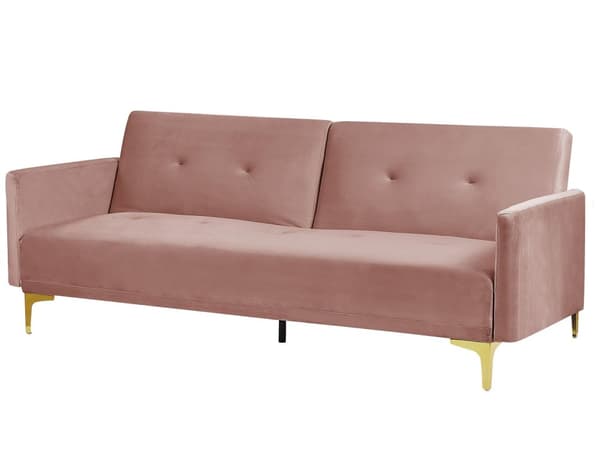 Sovesofa Rosa Fløyel 3-seter Metallben Dekorative knapper Avtakbare putetrekk Justerbar ryggstøtte Sofa med sovefunksjon Moderne design