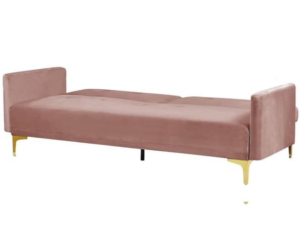 Sovesofa Rosa Fløyel 3-seter Metallben Dekorative knapper Avtakbare putetrekk Justerbar ryggstøtte Sofa med sovefunksjon Moderne design