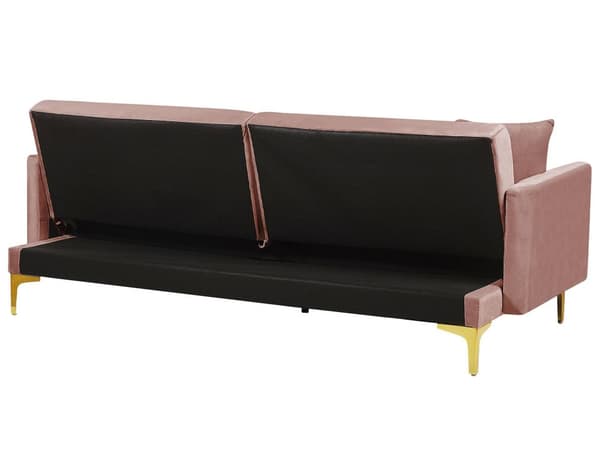 Sovesofa Rosa Fløyel 3-seter Metallben Dekorative knapper Avtakbare putetrekk Justerbar ryggstøtte Sofa med sovefunksjon Moderne design