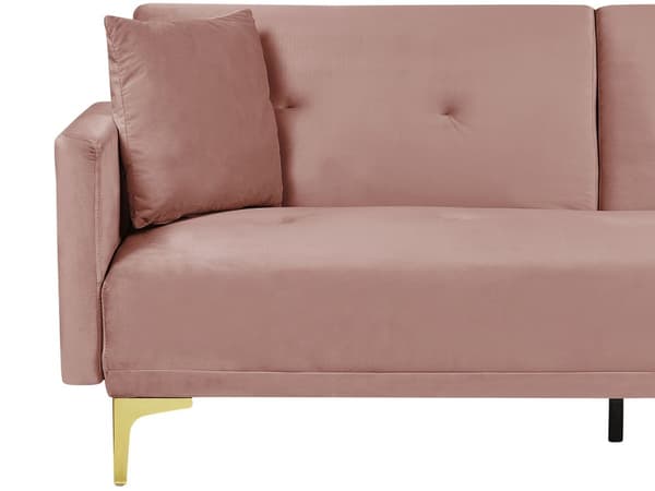 Sovesofa Rosa Fløyel 3-seter Metallben Dekorative knapper Avtakbare putetrekk Justerbar ryggstøtte Sofa med sovefunksjon Moderne design