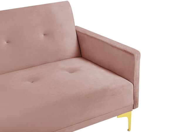 Sovesofa Rosa Fløyel 3-seter Metallben Dekorative knapper Avtakbare putetrekk Justerbar ryggstøtte Sofa med sovefunksjon Moderne design