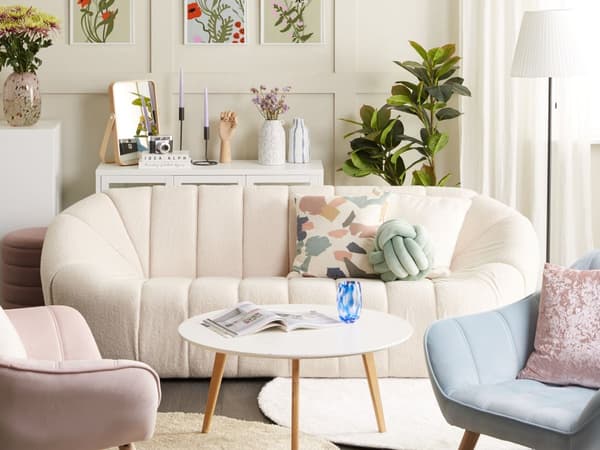 Sofa Hvitt Stoff 3-seter Glamour Ingen armlener Stue Bred rygg