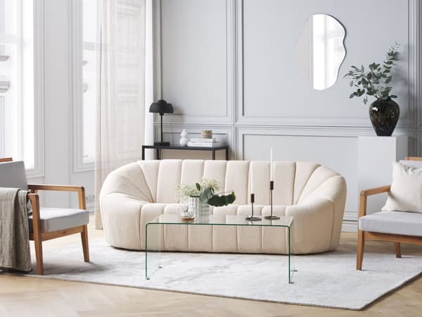 Sofa Hvitt Stoff 3-seter Glamour Ingen armlener Stue Bred rygg