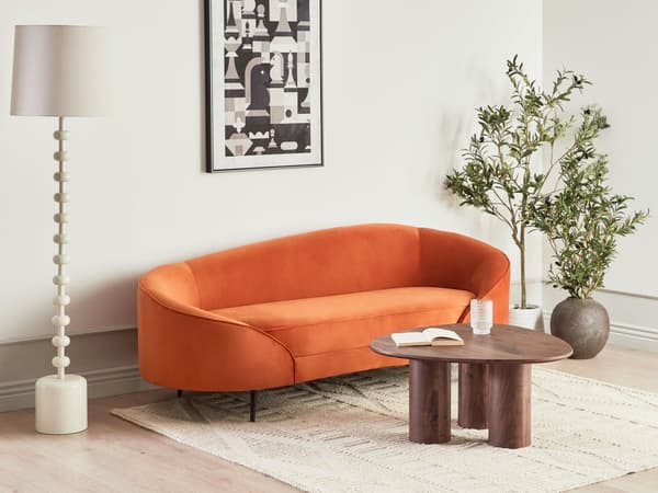 Sofa Oransje Fløyel Glamour Buet Retrostil 3-seter Gull Metallben