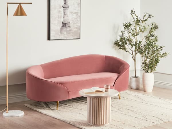 Sofa Rosa Fløyel Glamour Buet Retrostil 3-seter Gull Metallben