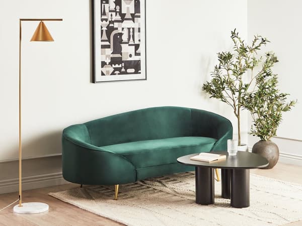 Sofa Grøn Velour Polstret Guld Metalben 3 Personers Moderne Designsofa med Buet Ryg Retro Minimalistisk til Stuen