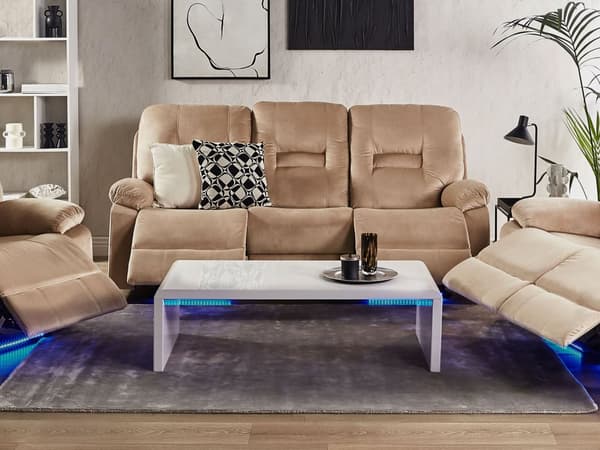 Sohva hiekanruskea 204 x 101 x 73 cm sametti kolmelle USB LED-valo sähkösäädettävä moderni