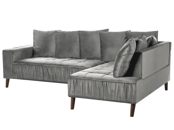 Hjørnesofa Grå Fløyel 3-seter Venstrevendt Puter Metallben med trefinish Innredning Stue Moderne