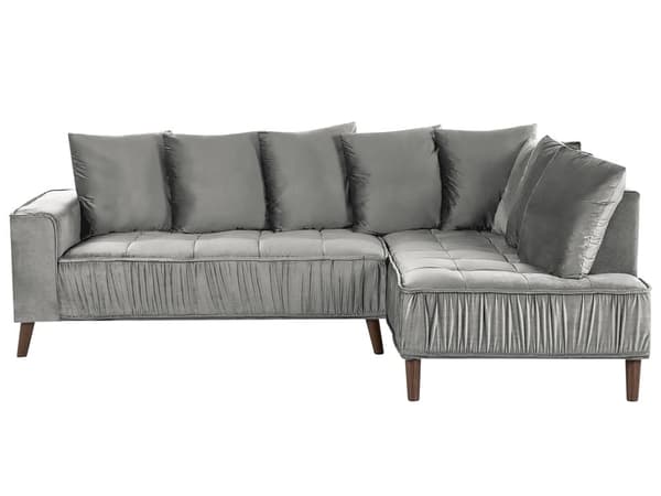 Hjørnesofa Grå Fløyel 3-seter Venstrevendt Puter Metallben med trefinish Innredning Stue Moderne