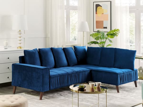 Hjørnesofa Blå Velour 3 Personers Designsofa med Rygpuder Tilbehør Blød Moderne Venstrevendt L Formet Sofa Indretning Stue