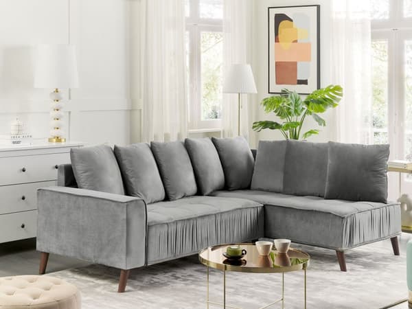 Hjørnesofa Grå Velour 3 Personers Designsofa med Rygpuder Tilbehør Blød Moderne Venstrevendt L Formet Sofa Indretning Stue
