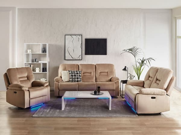 Hvilesofa 3-seters Beige Fløyel Elektrisk Justerbar Rygg Fotstøtte LED-lys Moderne Stue