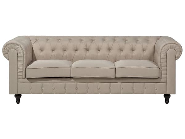 Chesterfield Stuesett Beige Stoff Mørkt Tre Ben 3-seters Sofa + Lenestol